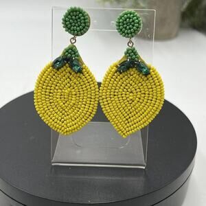 Lemon Hand Made Yellow Green Seed Beads Dangle Pierced Green Rhinestone Earrings